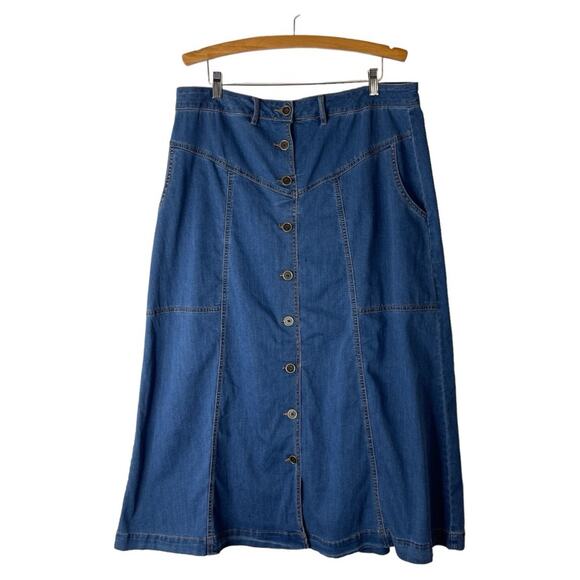 Blue denim button western prairie cottagecore stretchy jean midi maxi skirt 16 - Picture 1 of 6